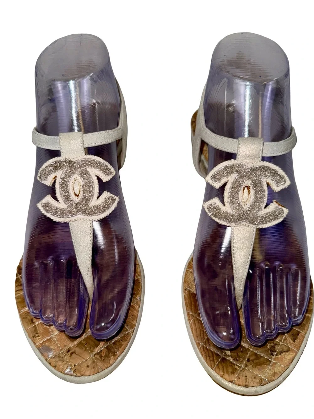 CHANEL GLITTER-EMBOSSED T-STRAP SANDALS